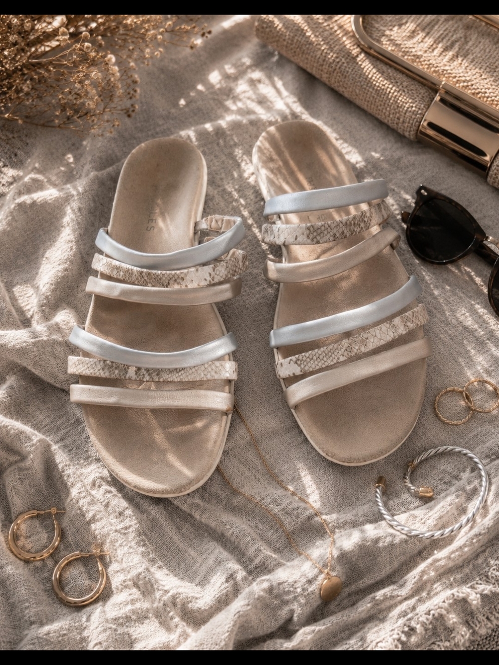 AEROSOLES Metallic, Snake-Print Multi-Strap Slide Sandals, Neutral, Gold, Silver